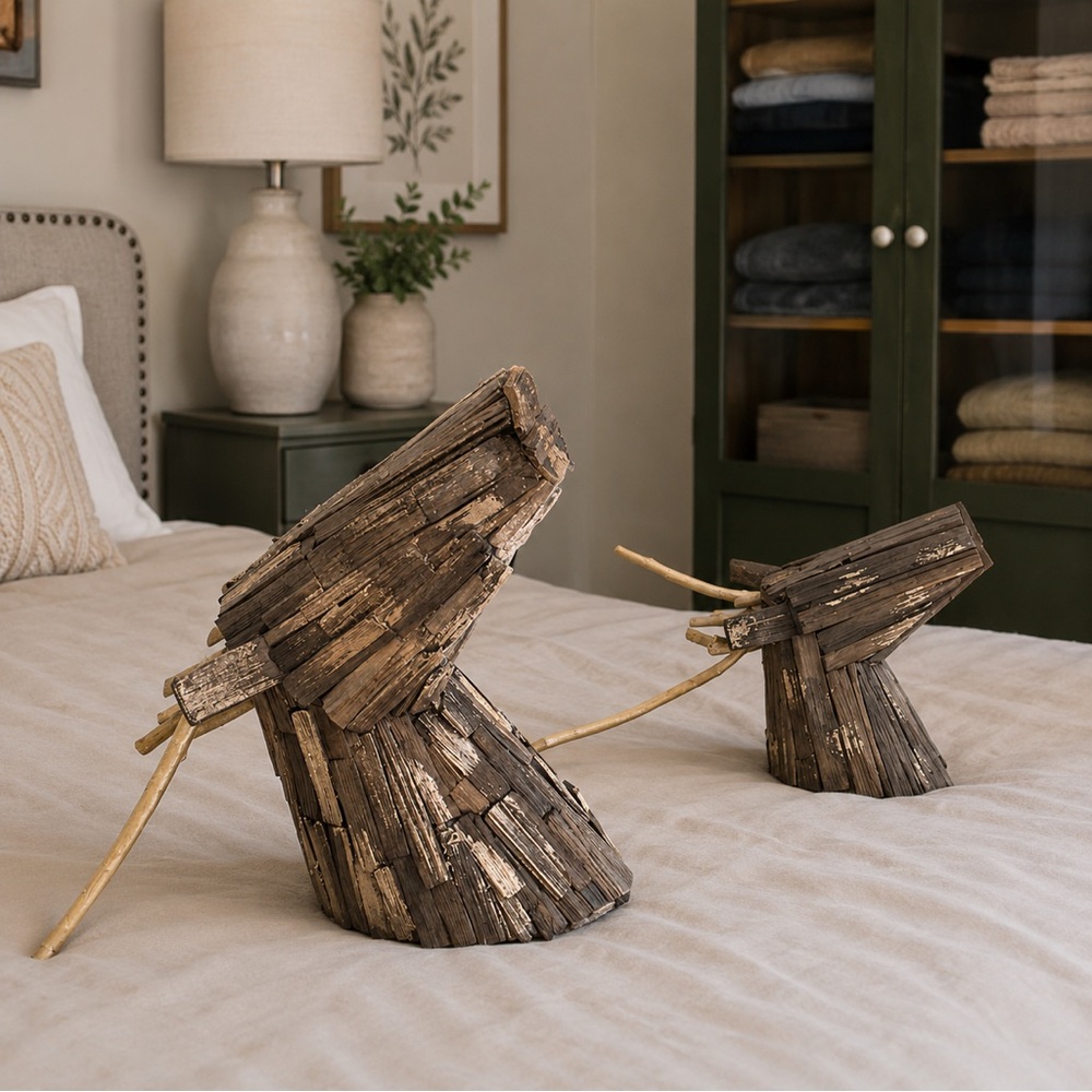 🆕 Threshold Wood & Gold Leaf Driftwood Deer Head Wall Farmhouse Decor Set